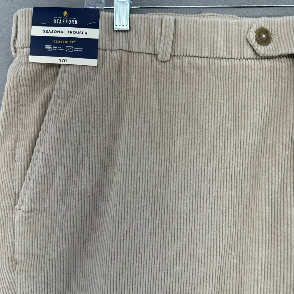 Stafford Seasonal Trouser Corduroy Classic Fit Flat Front Ivory 44x30 NEW Retro